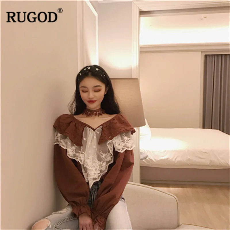RUGOD Сексуальная кружевная блузка с открытыми плечами женская модная оборками