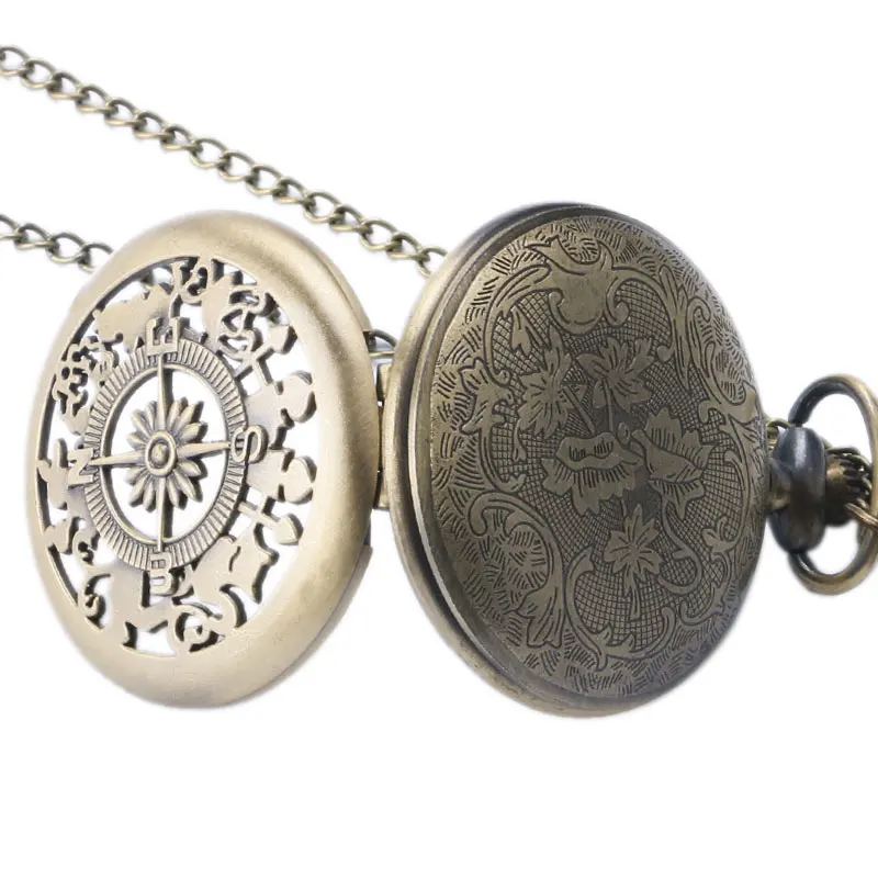 

Vintage Watches Compass Hollow Design Bronze Quartz Pocket Watch Male Female White Dial Fob Retro Clock Man Woman Gift