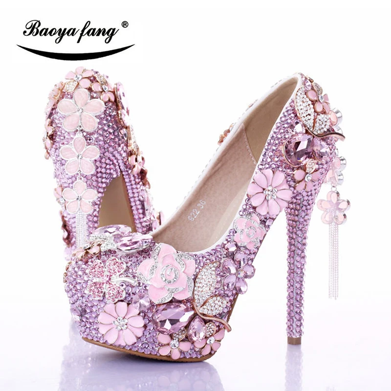 

BaoYaFang Luxury Pink crystal Womens wedding shoes ankle strap Platform shoes woman Flower party dress shoes female high Pumps