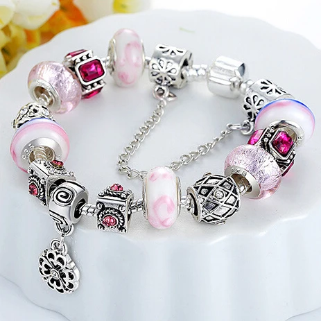 Free Shipping Women 925 Silver Crystal Beads Glass Bead Charm Fit Pandora Bracelet Flower Round Pendant Safety Chain Stopper | Украшения и
