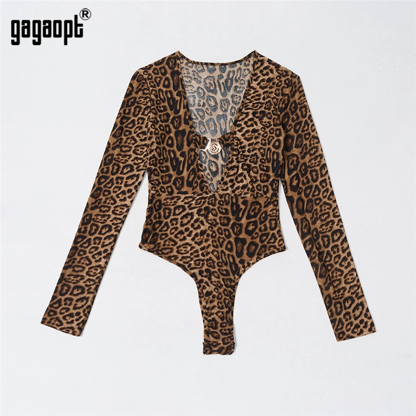 Gagaopt, леопардовое боди для женщин, бодикон, боди с длинным рукавом, глубокий v-образный вырез, сексуальный комбинезон, комбинезон, вечерние, клубная одежда