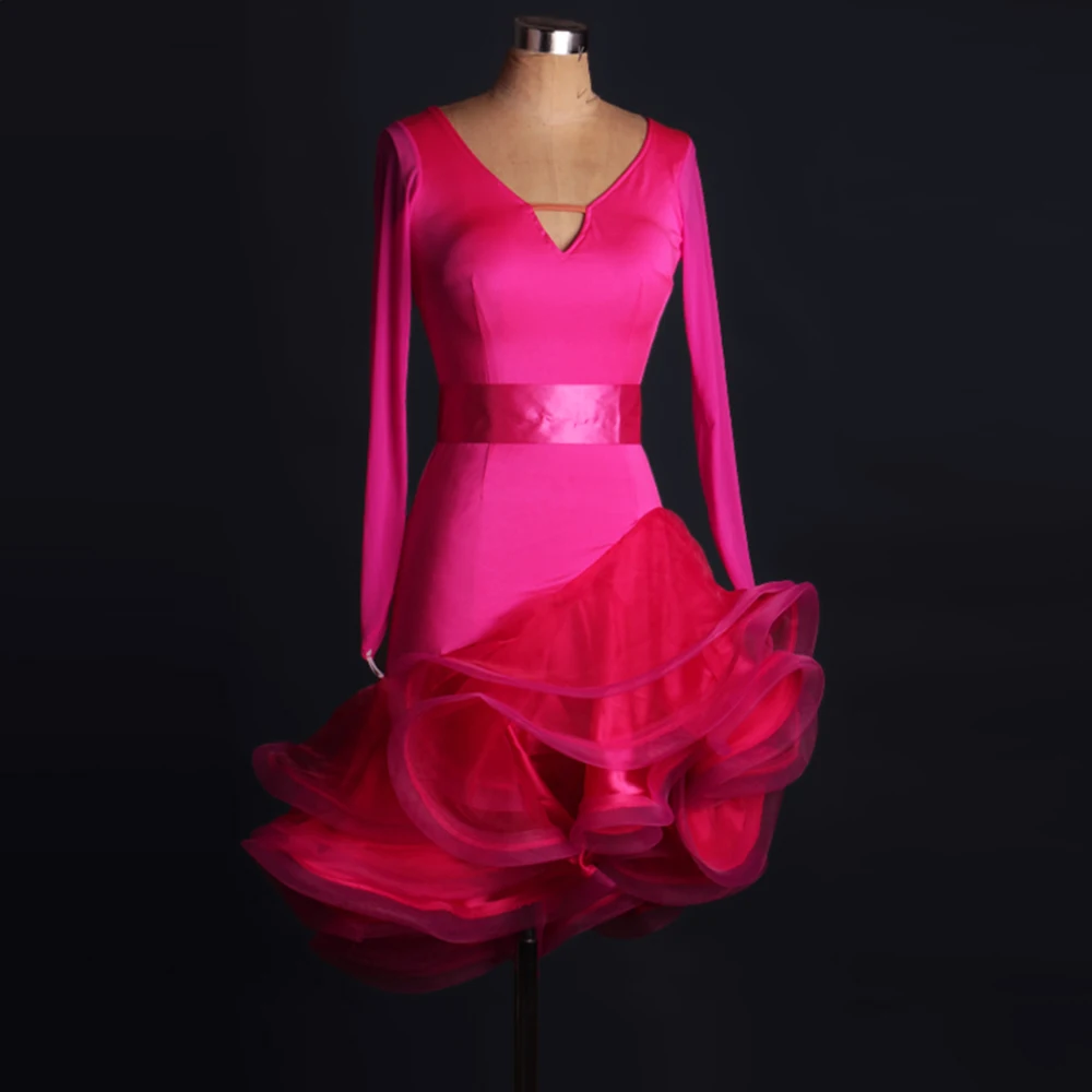 Женское платье для латиноамериканских танцев с V образным вырезом и поясом юбка