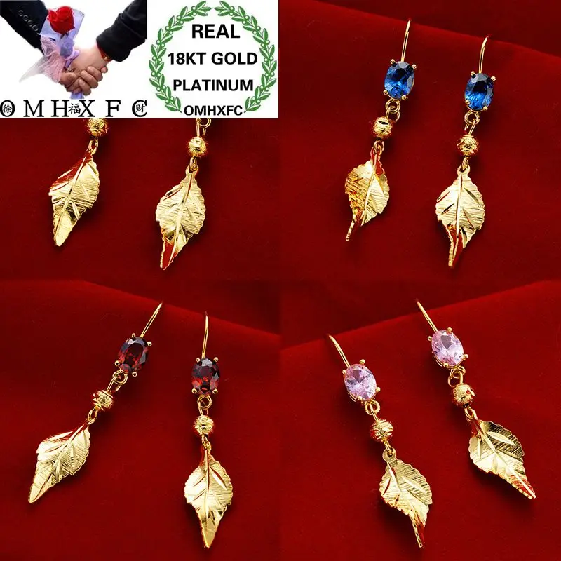 

OMHXFC Wholesale European Fashion Woman Girl Party Wedding Gift 4 Colors Leaves AAA Zircon 18KT Gold Drop Earrings ER40