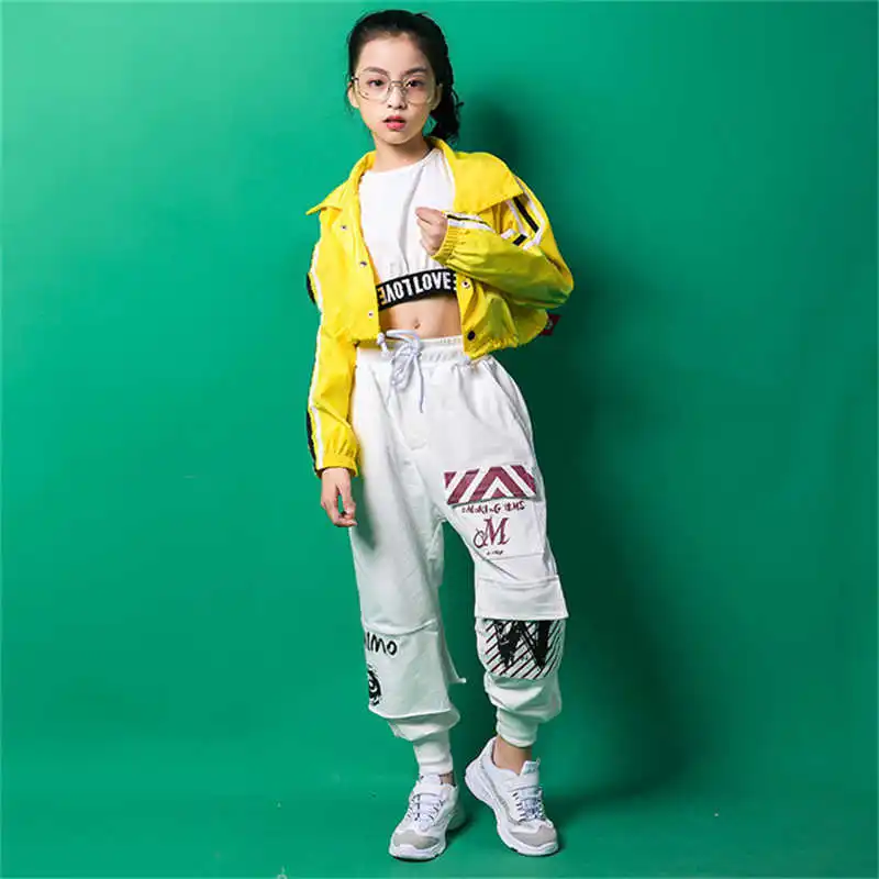 

Three-piece Suit Girls Yellow Coat Jazz Dancing Costumes Clothing Set Kids Hip Hop Dance Outfits Stage Wear Performance Clothes