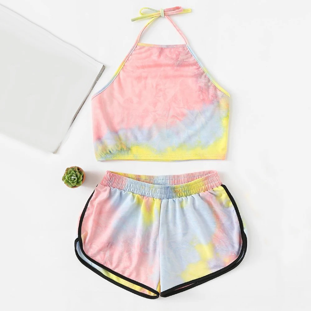 Женский летний костюм 2 шт./компл. короткий топ без рукавов с открытой спиной и