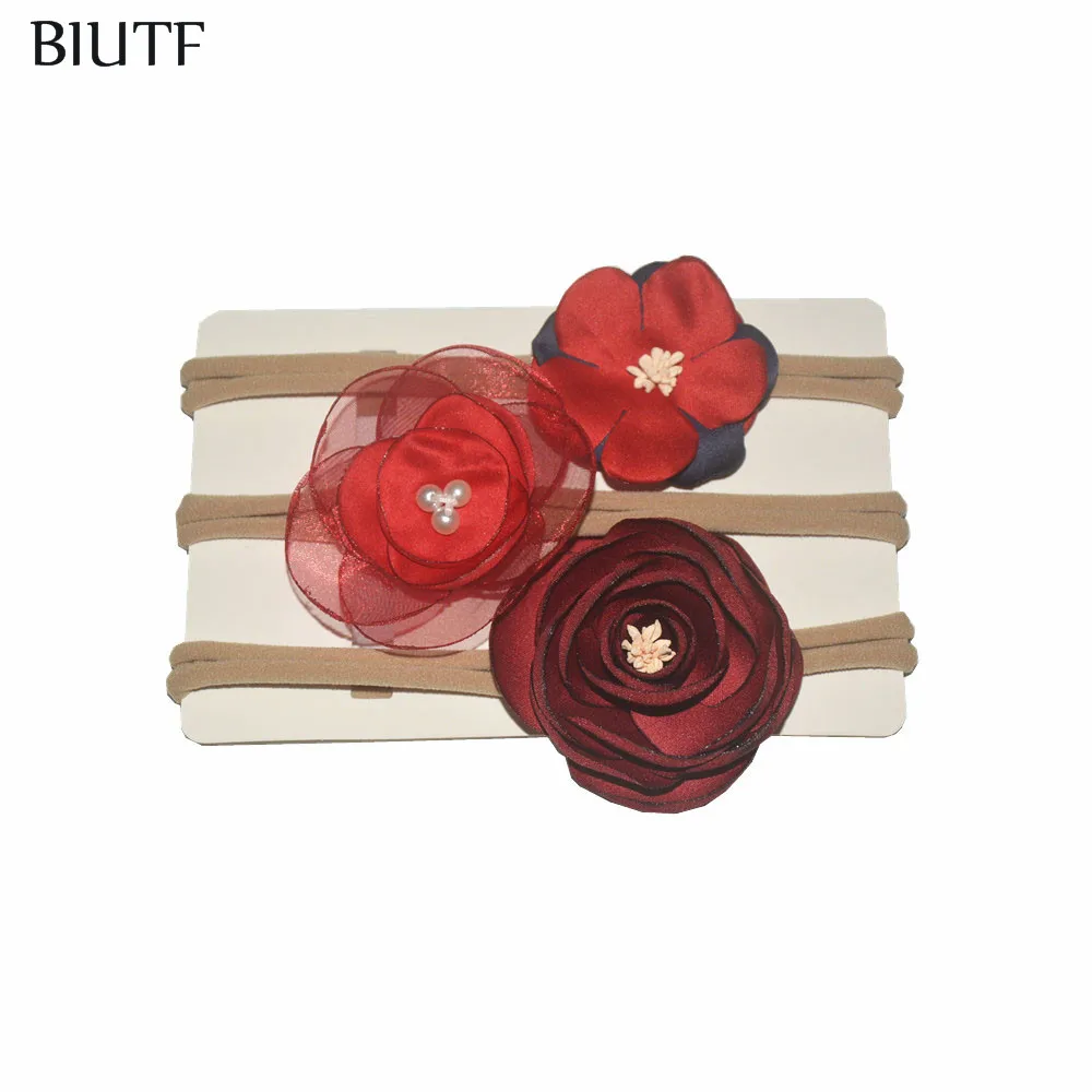 Набор из 3 красивых сгоревших атласных цветов нейлоновая повязка на голову