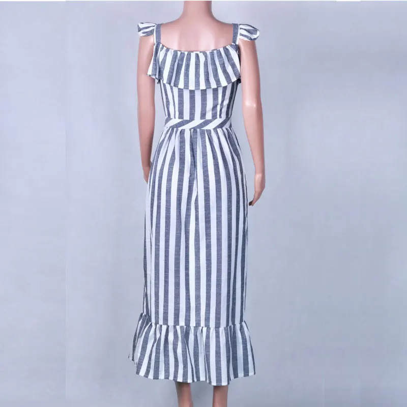 Женское длинное платье в полоску Boho пляжный сарафан с оборками на бретельках