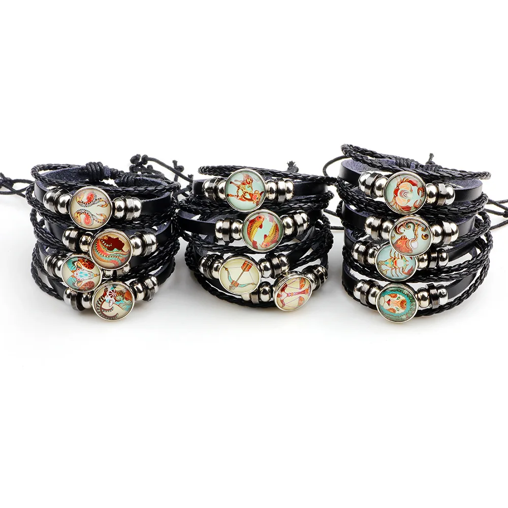 Colored glass Twelve constellation symbol bracelet Leather bracelets &amp bangles unisex Anita Garden brand lovers jewelry QN2342 |