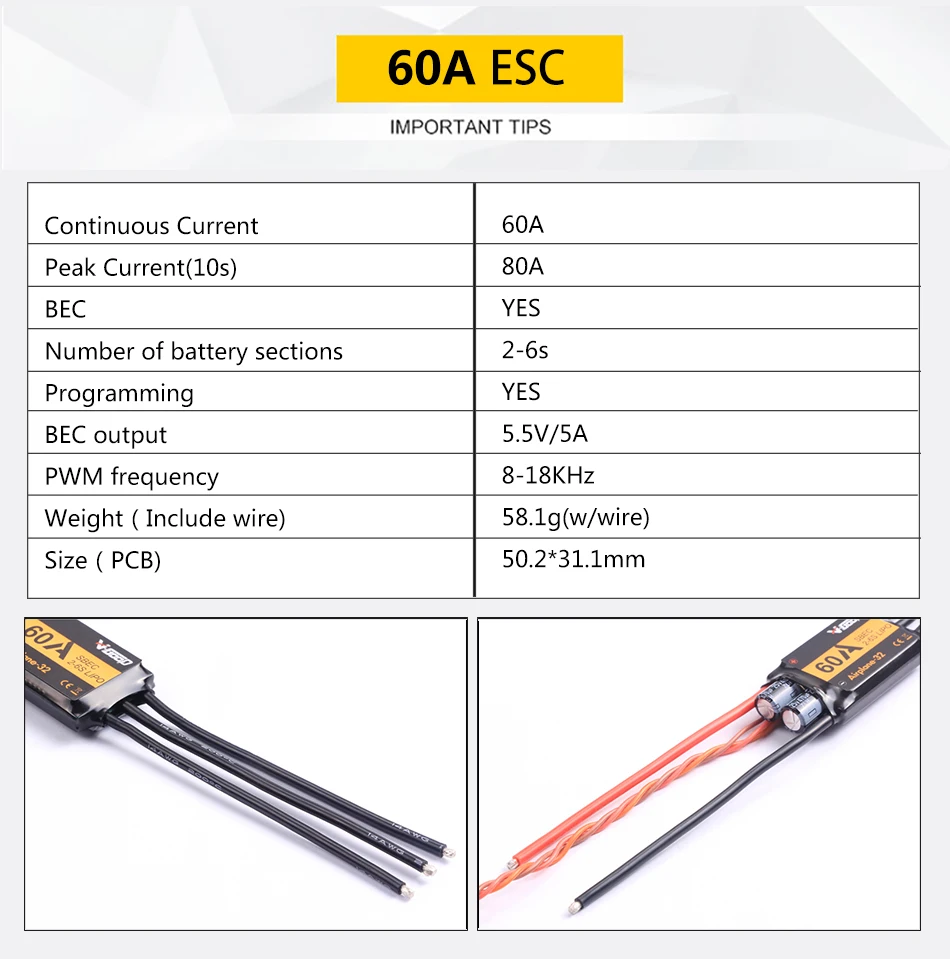 VGOOD бесщеточный ESC 6A/12A/20A/30/40A/60A/80A/100A/120A 2 с 32-бит с 1.5A SBEC для неизменяемой геометрией крыла RC самолет запасные части