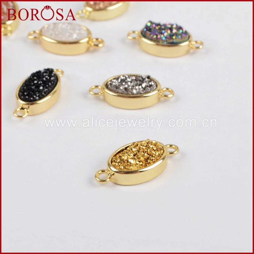 BOROSA Oval Gold Bezel Natural Stone Titanium Rainbow Druzy Connector Double Bails Drusy Necklace Making ZG0142 | Украшения и