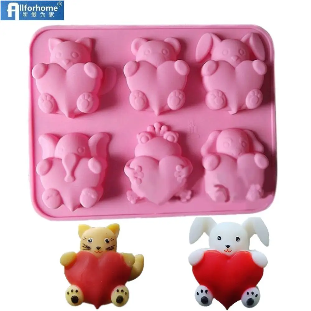 6 животных 3D кошка Медведь собака кролик слон лягушка с сердцем силиконовая форма