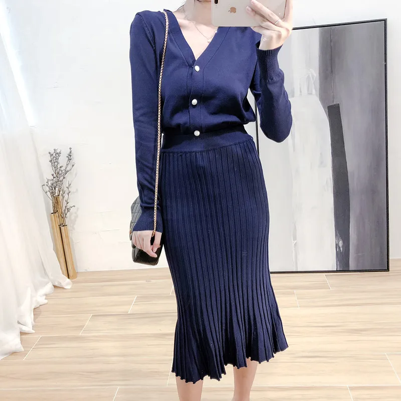 ALPHALMODA OL изящный осенний вязаный кардиган юбка 2 шт. костюмы с длинными рукавами