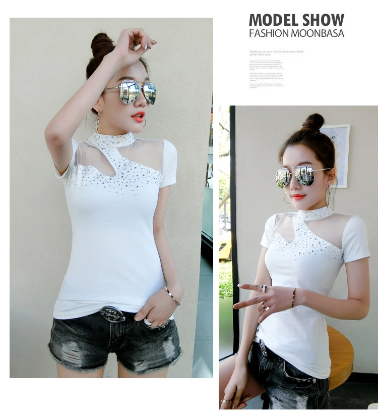 Женская футболка, стразы, сексуальные, чистая пряжа, с коротким рукавом, новинка, летние топы, XXL, женские, алмазные, полые, футболки, белые, черные, женские футболки