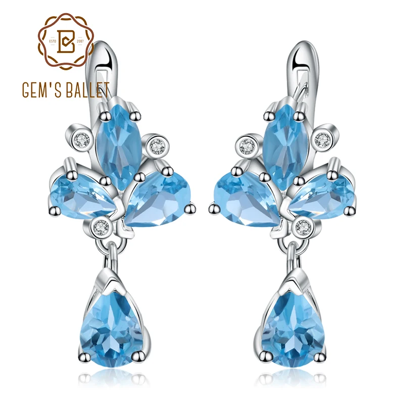 

GEM'S BALLET 6.69Ct Natural Swiss Blue Topaz Gemstone Drop Earrings 925 Sterling Silver Flower Earrings for Women Fine Jewelry