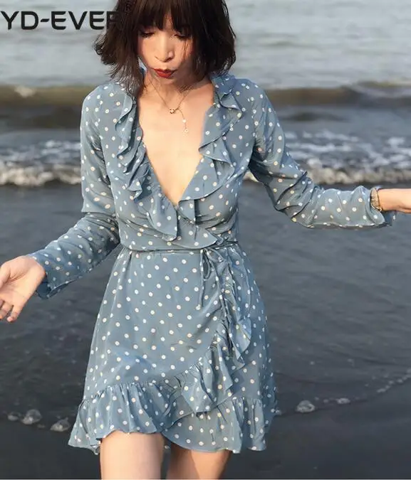 Women The Alexandra - Dusty Blue Spot Polka Dot Printed Long Sleeve Deep V Neck Ruffle Wrap Mini Dress With Belt | Женская одежда