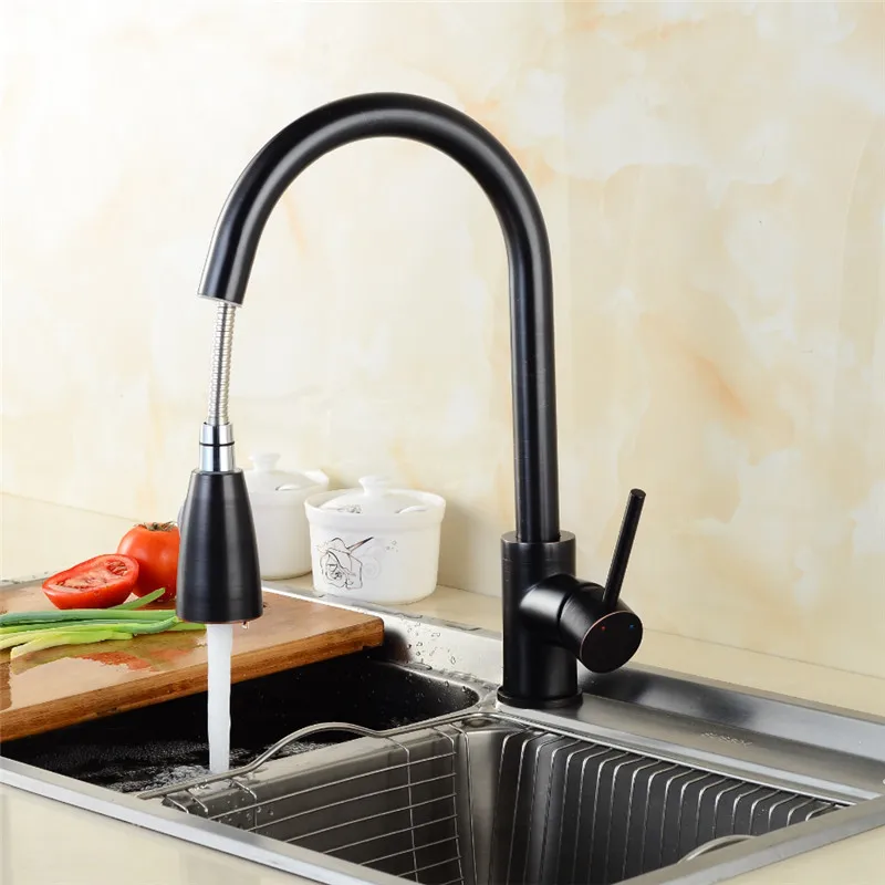 Полированный Черный латунный поворотный кухонный смеситель для раковины