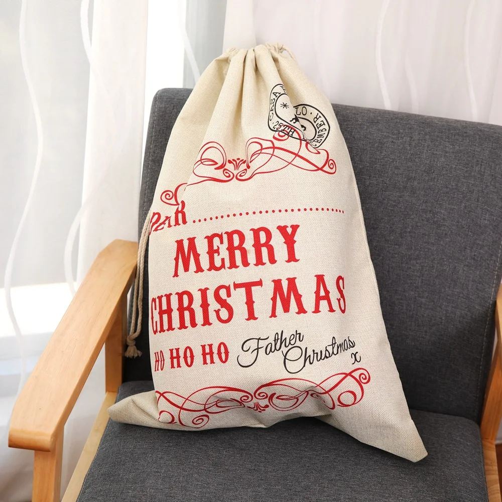 

Large New Year Christmas Xmas Candy Gift Bag Santa Claus Drawstring Canvas Sack Tableware Rustic Vintage Stockings Gift Bag
