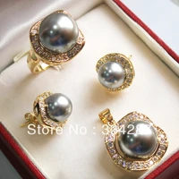 new listedfree shipping gray south sea shell pearl ring pendant earring jewelry set