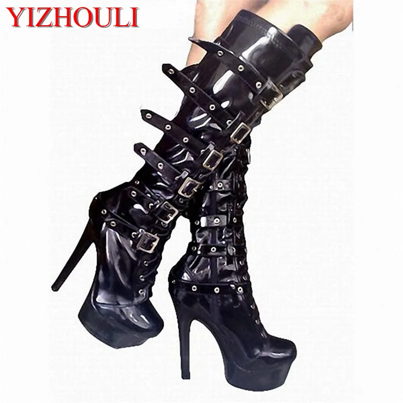 Super beautiful belt buckle thick bottom black medium boots, nightclub super high heels with women's shoes, 15cm/ Dance Shoes
