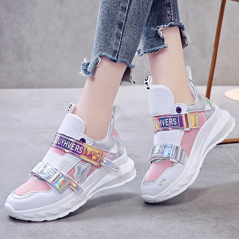 Женские кроссовки модные блестки разных цветов женская обувь с сеткой и ремешком