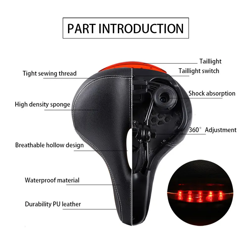 Велосипедное седло WEST BIKING широкое с задним фонарем мягкая поролоновая подушка