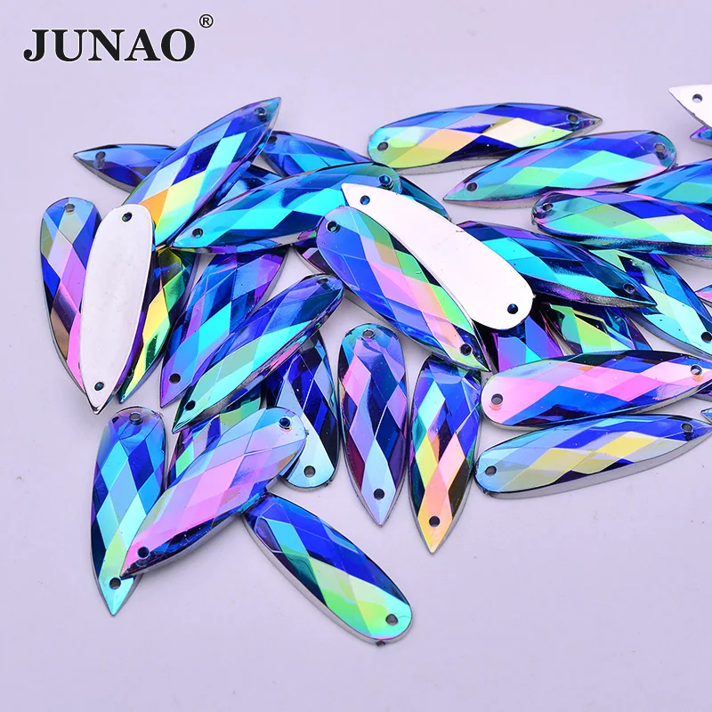 

JUNAO 100pcs 8*28mm Sew On Blue AB Drop Rhinestone Applique Flat Back Acrylic Gems Sewing Crystal Stones for Clothes Jewelry