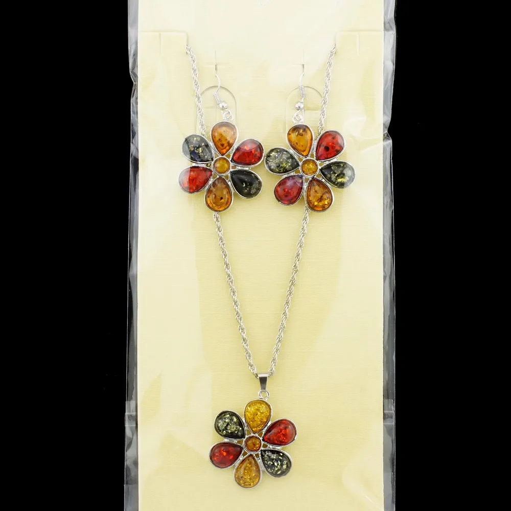 

Colorful Baltic Simulated Honey Flower Earrings Necklace Women's Wedding Jewelry Set L40901