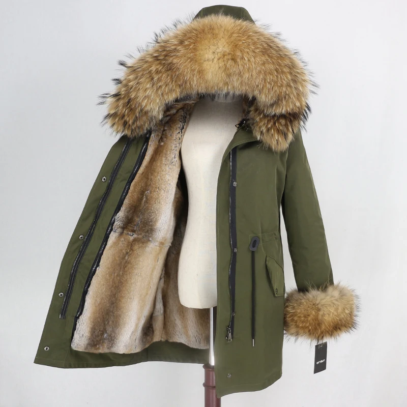green natural OFTBUY Long Waterproof Parka Real Fur Coat Natural Fur Collar Hood Winter Jacket Women Rabbit Fur Liner Thick Warm Detachable - Цвет: green natural