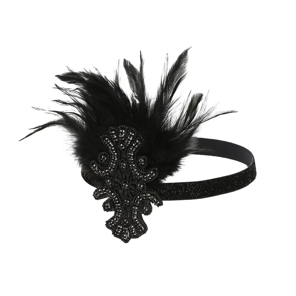 Black 1920s Great Gatsby нарядная лента для волос со стразами Женская повязка на голову с перьями 20s старинный головной убор Ретро стиль аксессуары для волос - Цвет: Black