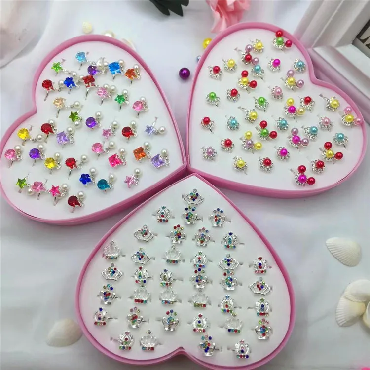 36 Pcs Children's Heart Boxed New Pearl Diamond Ring Big Gem Fashion Hot Sale Simulation Drill Beauty Fashion Pretend Toy