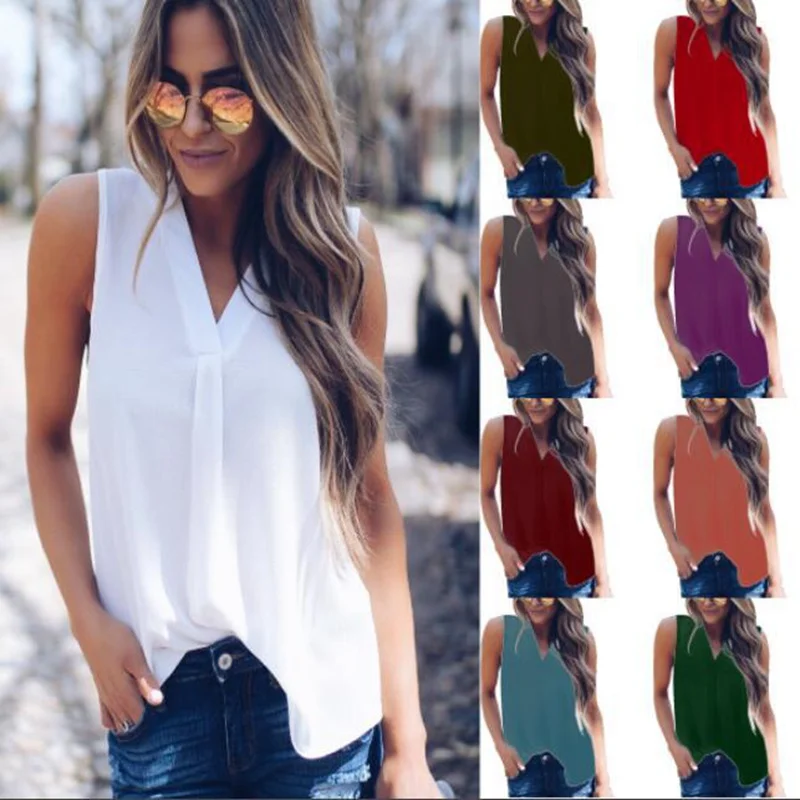 Women Casual Sleeveless Chiffon Shirt 2019 New Solid V-Neck Blouses Summer Top Female Shirts Vest |