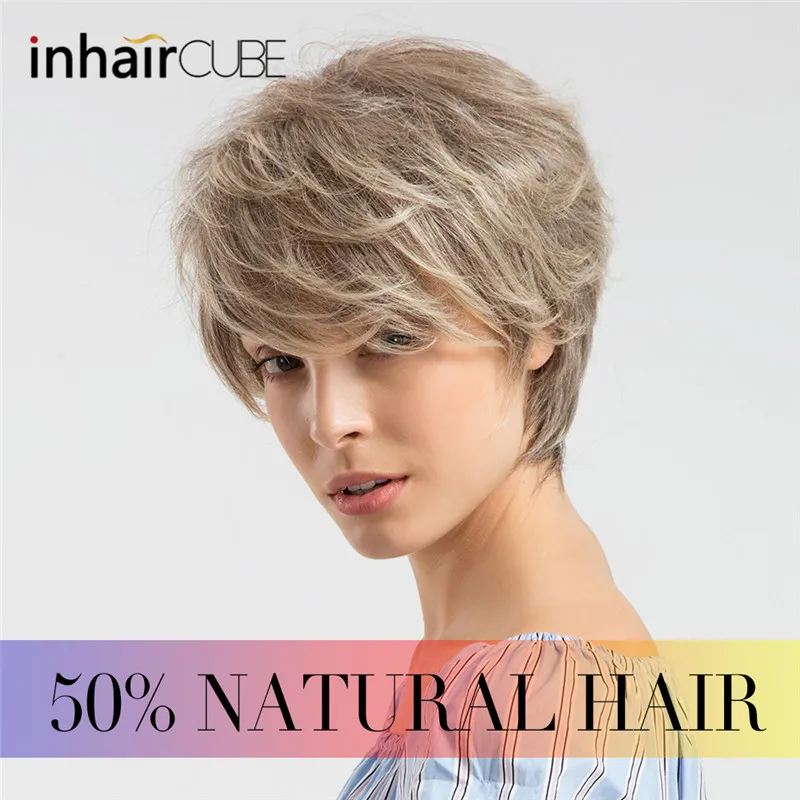 mj1-6t27 INHAIR cube синтетические парики из натуральных волн короткие парики для женщин пушистый Омбре парик из человеческих волос дышащий парик - Цвет: mj1-6t27