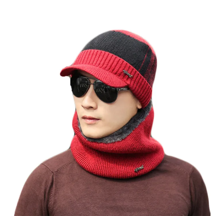 red set Осенне-зимняя мужская шапка плюс бархат Толстая вязаная шерстяная шапка шарф Набор мужские теплые шапочки модные Зимние ушанки плюшевый воротник шапка наборы - Цвет: red set