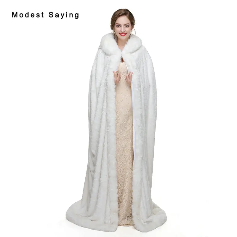 

Ivory Floor Length Faux Fur Hooded Wedding Cloaks 2017 Bridal Capes Shawls Winter Stoles Stunning Jackets Wedding Accessories