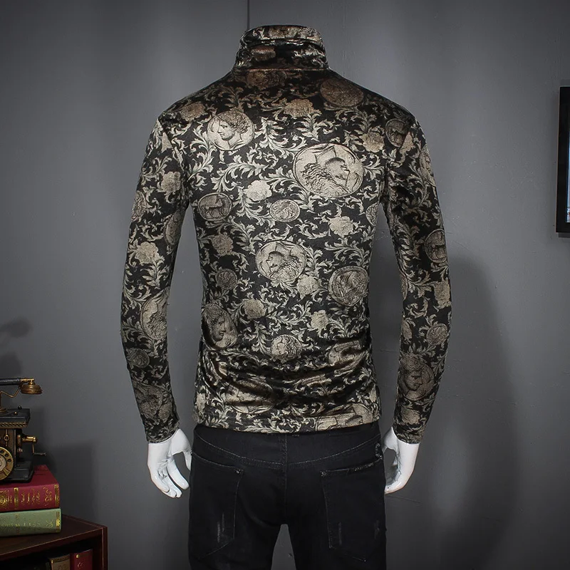 Цветочный узор Пейсли Золотая Бархатная футболка для мужчин Slim Fit с длинным рукавом черепаха шеи 5xl роскошный барокко Золотой Бархат под футболкой для мужчин