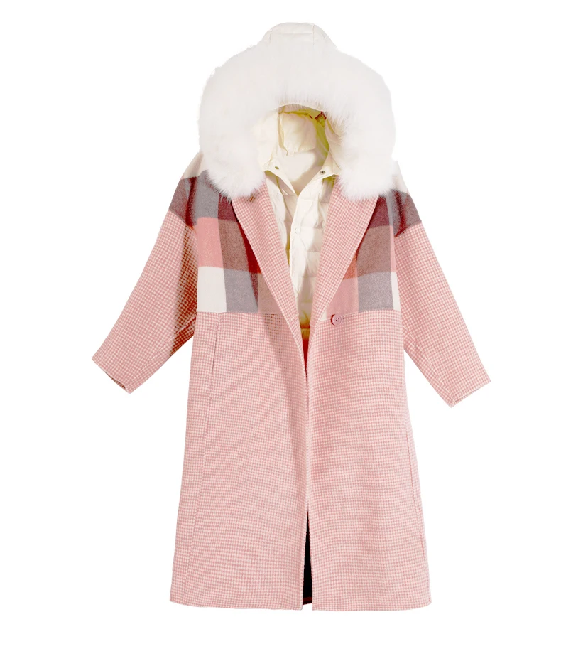 wreeima 2018 women coat Plaid winter warm outwear casual mid- long-coat Pink Single Button loose plus size 2XL wool long | Женская