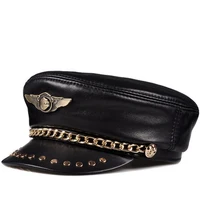 Spring Unisex Genuine Leather Flat Top Baseball Caps For Men Women Hat Punk Rock Rivet Golden Chain Casquette Army Navy Caps Fit