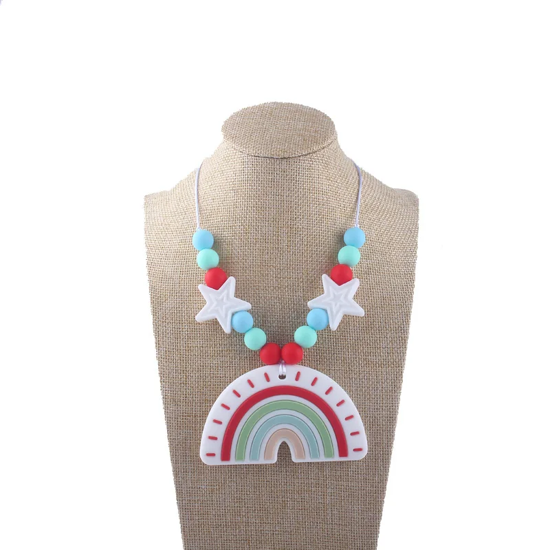 Necklace XCQGH детский пищевой зубной гель Радуга Детская Игрушка-прорезыватель детская молярная силиконовая соска цепочка ожерелье ребенок укус Прорезыватель - Цвет: Necklace