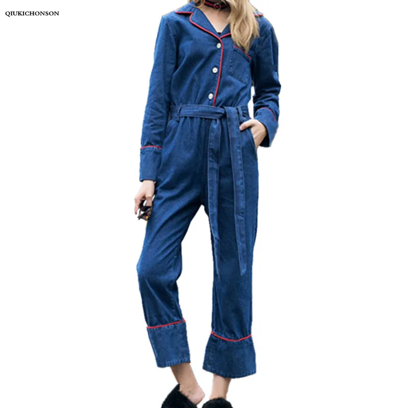 

Spring Women Denim Jumpsuits 2018 Korean Turn-down Collar Single Breasted Pockets High-waist Lacing Long Overalls femme Jeans