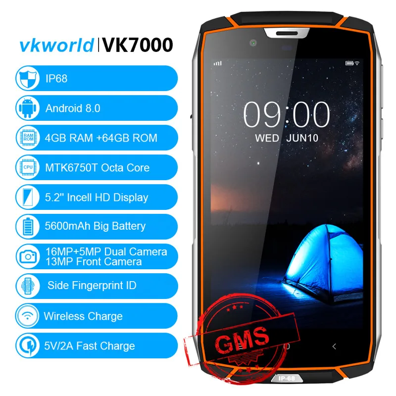 VKworld VK7000 IP68 Водонепроницаемый смартфон 5 2 &quotв ячейке MTK6750T Octa Core Android 8 0 5600 mAh