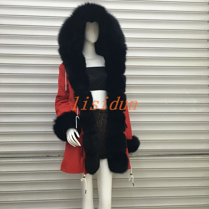 Женская парка с большим воротником из меха енота Длинная зимняя подкладкой