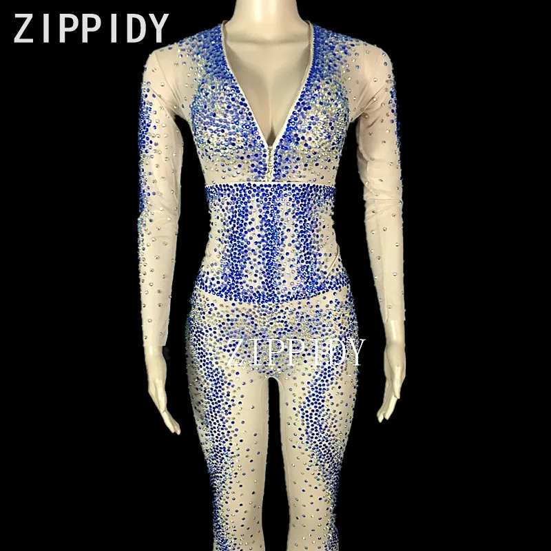 Blue Or Silver Glisten Rhinestones Jumpsuit Stretch Mesh Stones Women's Party Wear Nightclub Show Rompers Sexy 3 Colors Costume