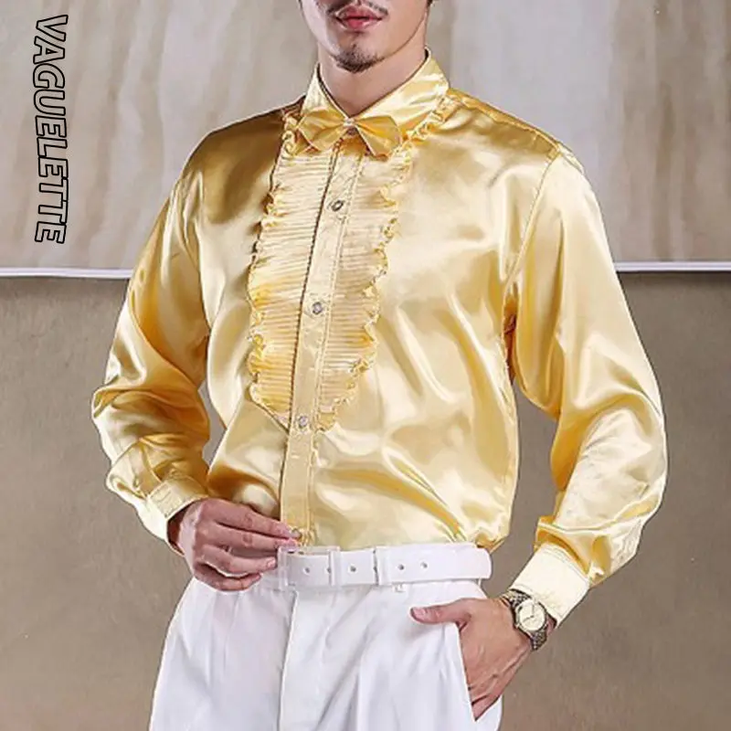 Ruffles Yellow VAGUELETTE, Роскошные Рубашки-смокинги с блестками и оборками для мужчин, красная/Розовая Одежда для свадьбы, сцены, официальная и Повседневная рубашка, Мужская S-L с длинным рукавом - Цвет: Ruffles Yellow