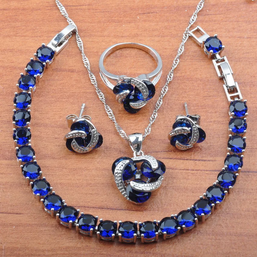 

Wedding Jewelry Set For Women Blue Cubic Zirconia Bracelet Silver Color Earrings And Necklace Rings Set JS0176