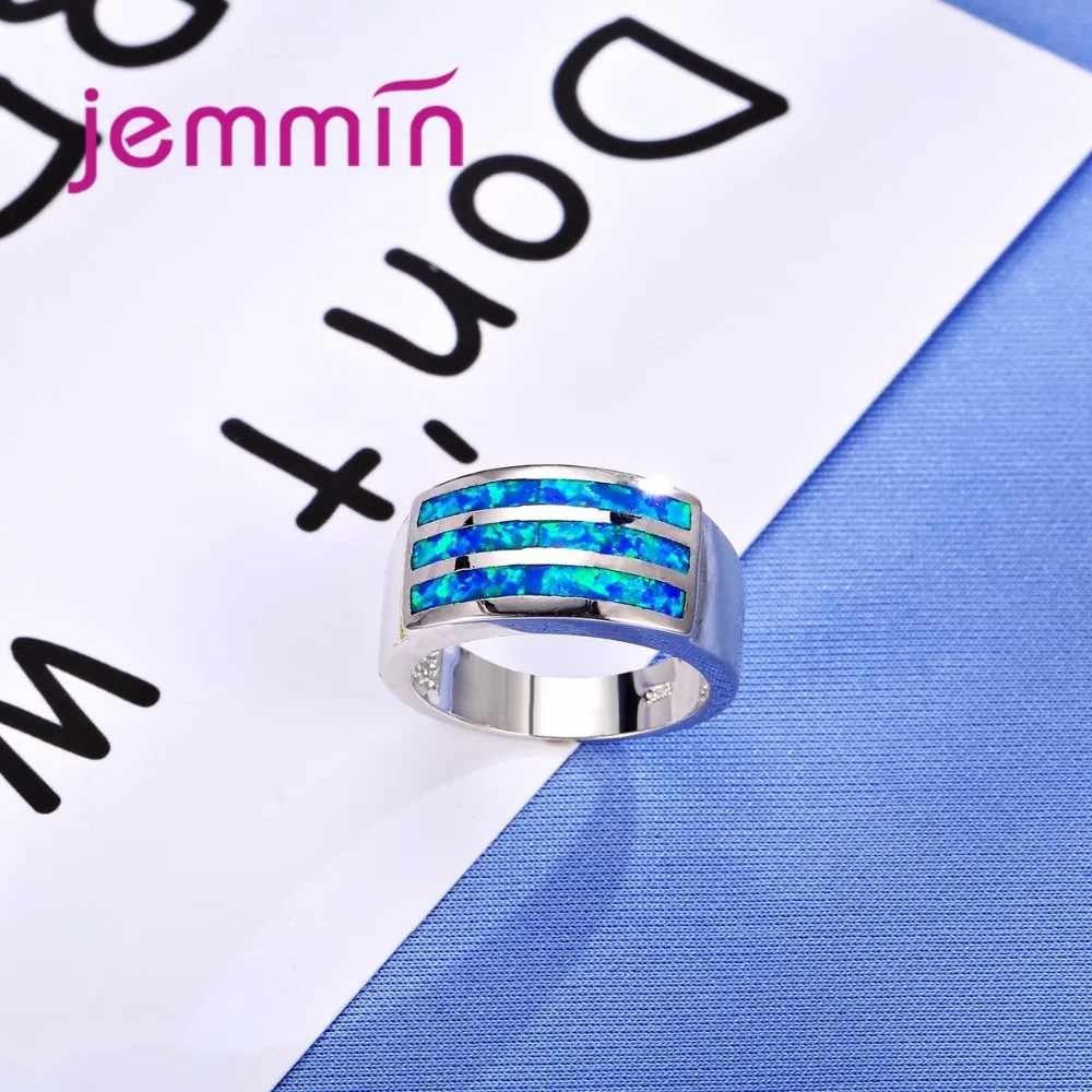 

New Arrival Three Bars of Blue Opal Crystal 925 Sterling Silver Ring Rectangle Design Women Wide Band Bijoux