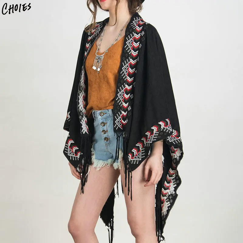 Для женщин кимоно черный вышивка Boho из искусственной замши в народном стиле