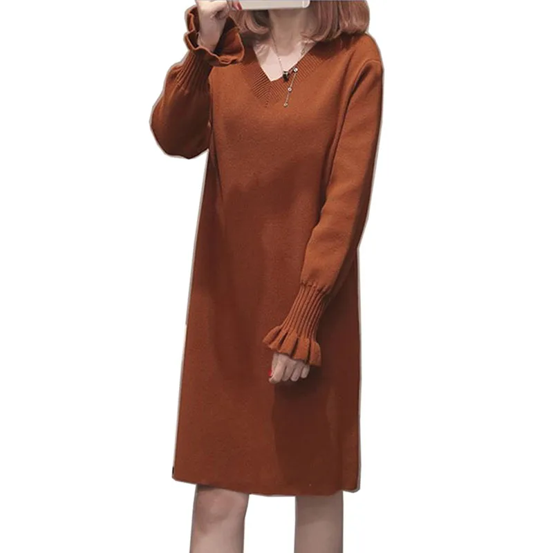 

Autumn Winter 4 Colors Solid Knitted Cotton Sweater Dresses Women Fashion Loose V neck Pullover Femme Dress Vestidos Feminino