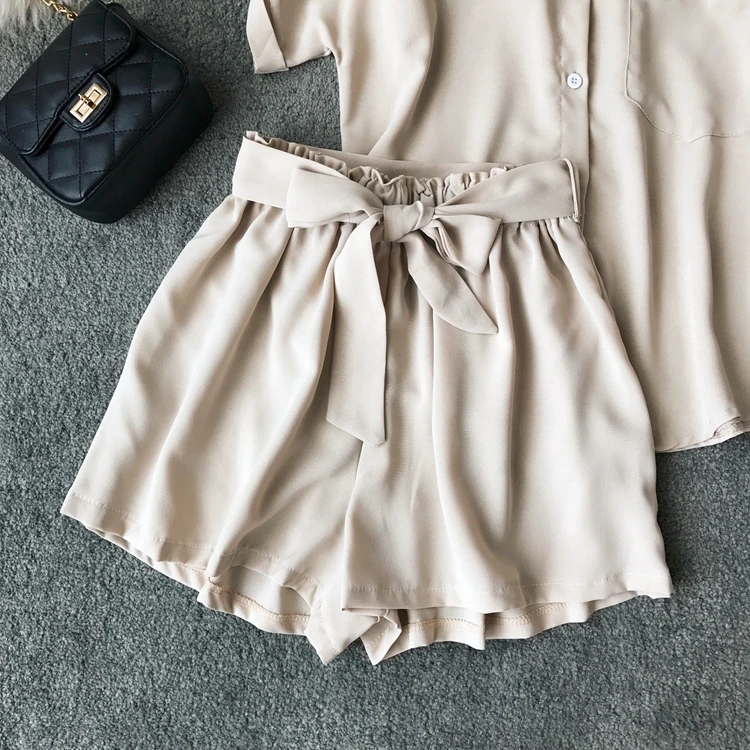 ALPHALMODA, повседневные рубашки с коротким рукавом+ шорты, женские комплекты из 2 предметов, однобортная блузка с карманами+ шорты с поясом, летние комплекты