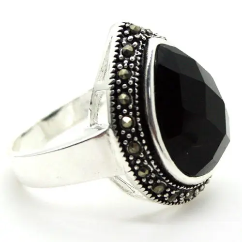 

25*20mm FACETED BLACK Natural jade &MARCASITE 925 SILVER RING SIZE 7/8/9/10
