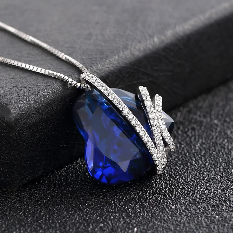 Sapphire Stone White Diamond Blue Gemstones Heart Figure Crystal 925 Sterling Sliver Pendant Necklaces For Women Jewelry Bijoux | Украшения